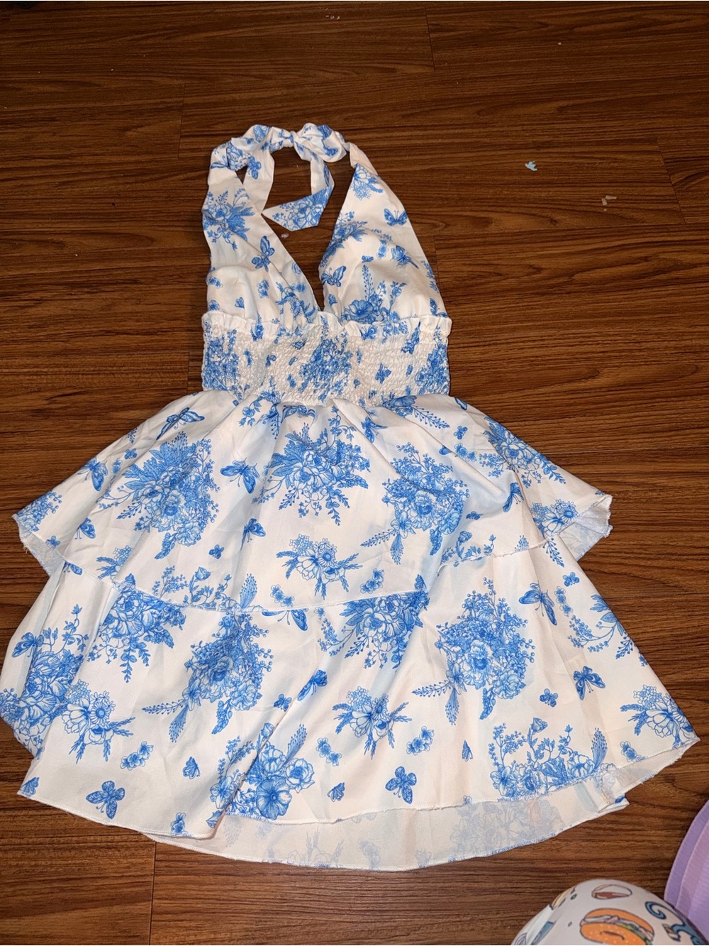 Blue & White Floral Halter Mini Dress